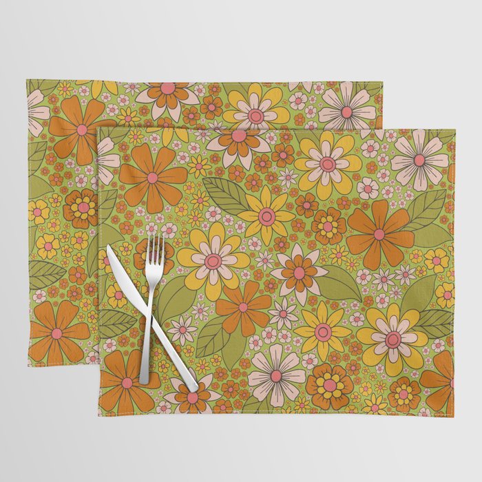 1960s, 1970s Retro Floral in Green, Pink & Orange - Flower Power Placemat