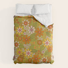 1960s, 1970s Retro Floral in Green, Pink & Orange - Flower Power Comforter