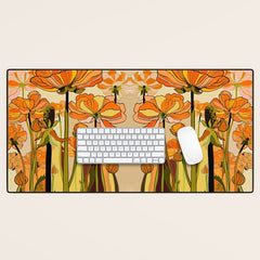70s, Orange California poppies, mid century, 70s retro, flowers Desk Mat