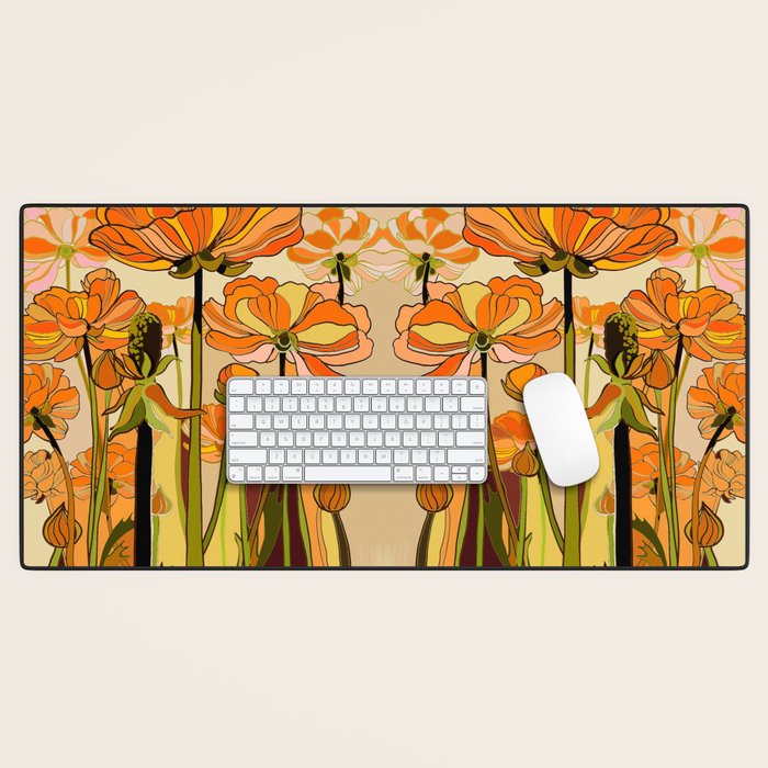 70s, Orange California poppies, mid century, 70s retro, flowers Desk Mat