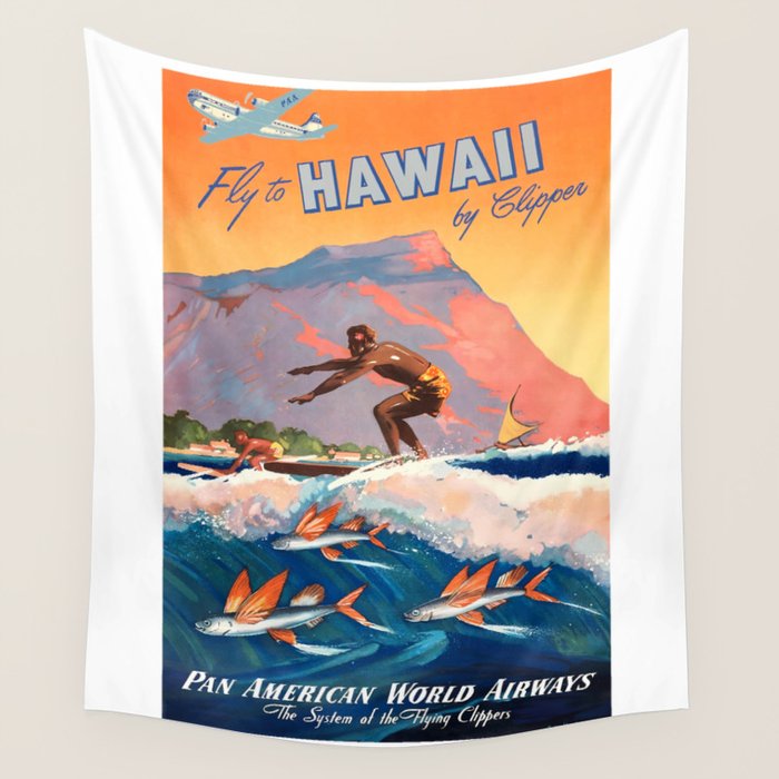 1947 Fly To Hawaii By Clipper Pan American Travel Poster Wall Tapestry