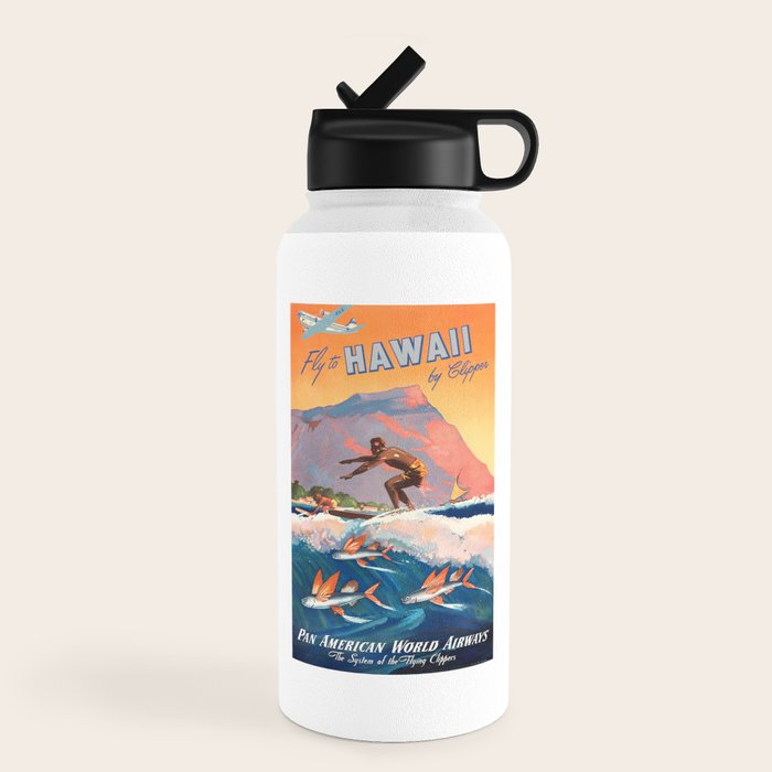 1947 Fly To Hawaii By Clipper Pan American Travel Poster Water Bottle