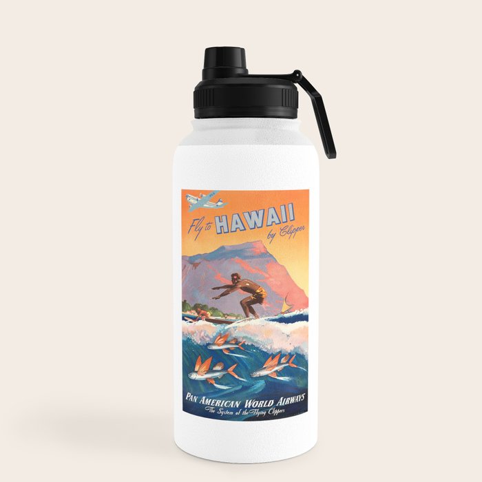 1947 Fly To Hawaii By Clipper Pan American Travel Poster Water Bottle