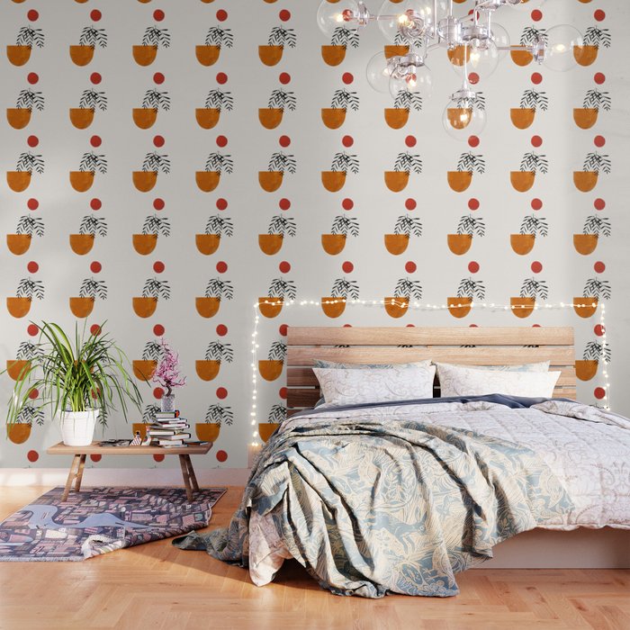Autumn Vine' Minimal Mid Century Abstract Shapes With Floral Plant Motif Boho Vintage Paper Collage Line Drawing Wallpaper