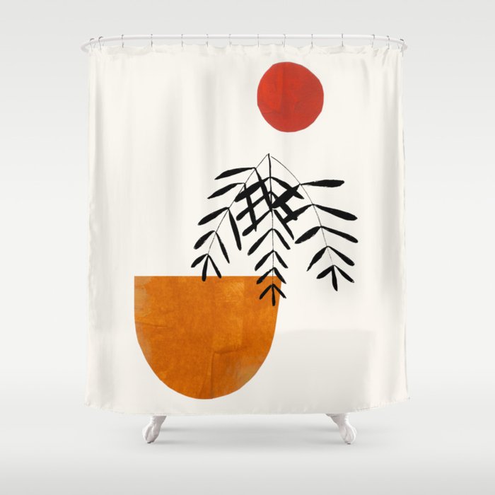 Autumn Vine' Minimal Mid Century Abstract Shapes With Floral Plant Motif Boho Vintage Paper Collage Line Drawing Shower Curtain