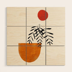 Autumn Vine' Minimal Mid Century Abstract Shapes With Floral Plant Motif Boho Vintage Paper Collage Line Drawing Wood Wall Art