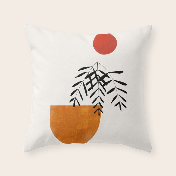 Autumn Vine' Minimal Mid Century Abstract Shapes With Floral Plant Motif Boho Vintage Paper Collage Line Drawing Throw Pillow