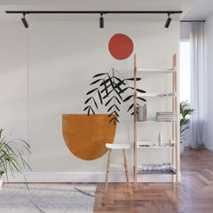 Autumn Vine' Minimal Mid Century Abstract Shapes With Floral Plant Motif Boho Vintage Paper Collage Line Drawing Wall Mural