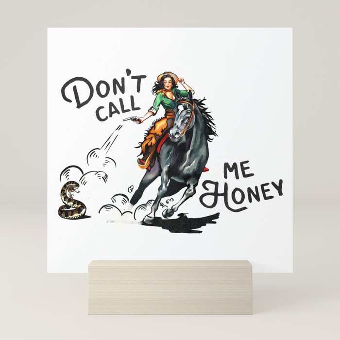 "Don't Call Me Honey" Cowgirl On Horseback Shooting a Rattlesnake Mini Art Print