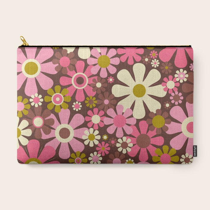 60s 70s Retro Floral Garden Cheerful Flower Pattern in Brown Pink Avocado Carry All Pouch
