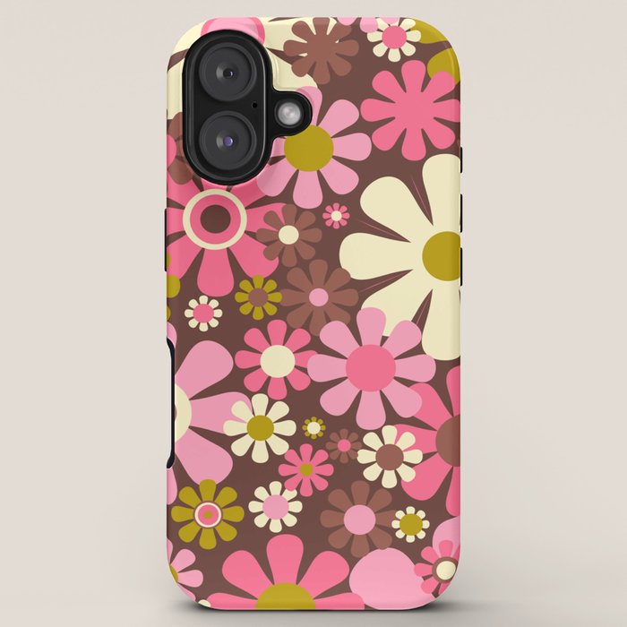 60s 70s Retro Floral Garden Cheerful Flower Pattern in Brown Pink Avocado iPhone Case