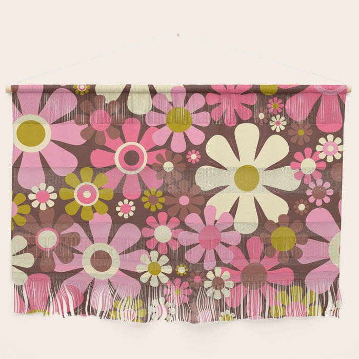 60s 70s Retro Floral Garden Cheerful Flower Pattern in Brown Pink Avocado Wall Hanging