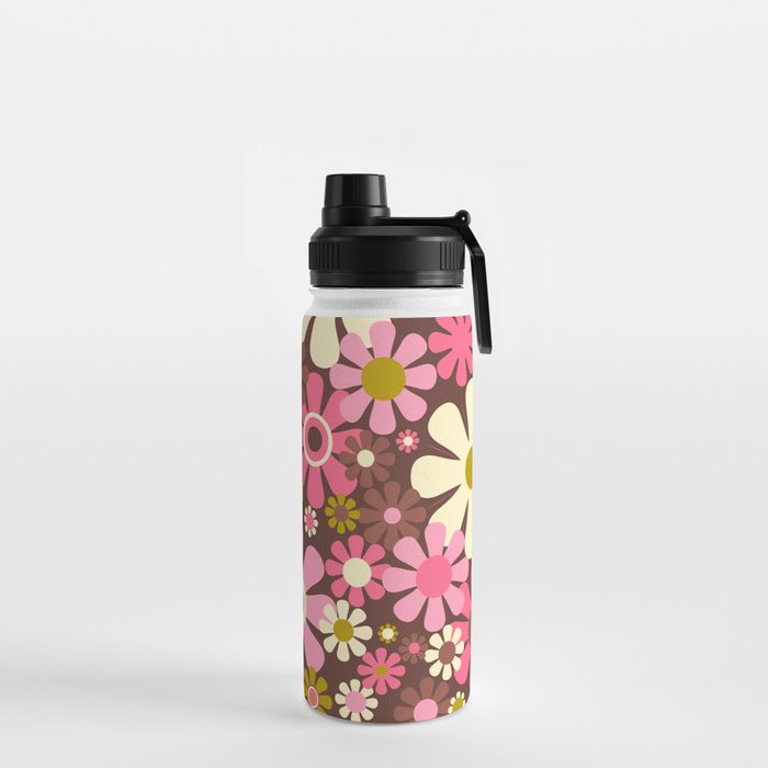 60s 70s Retro Floral Garden Cheerful Flower Pattern in Brown Pink Avocado Water Bottle