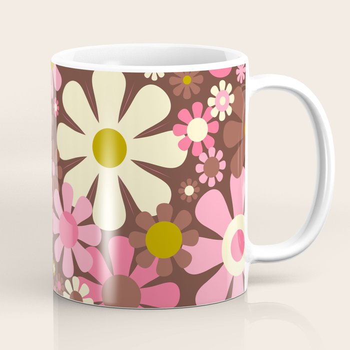 60s 70s Retro Floral Garden Cheerful Flower Pattern in Brown Pink Avocado Coffee Mug