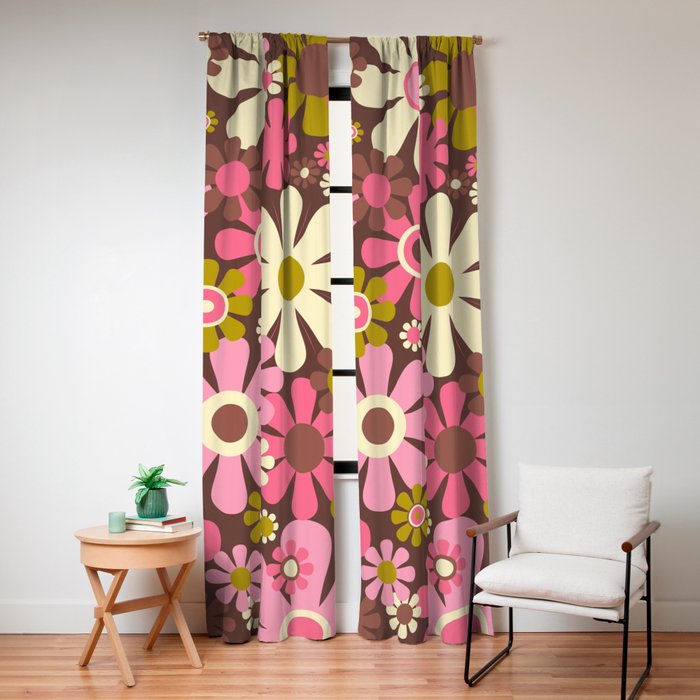60s 70s Retro Floral Garden Cheerful Flower Pattern in Brown Pink Avocado Window Curtain