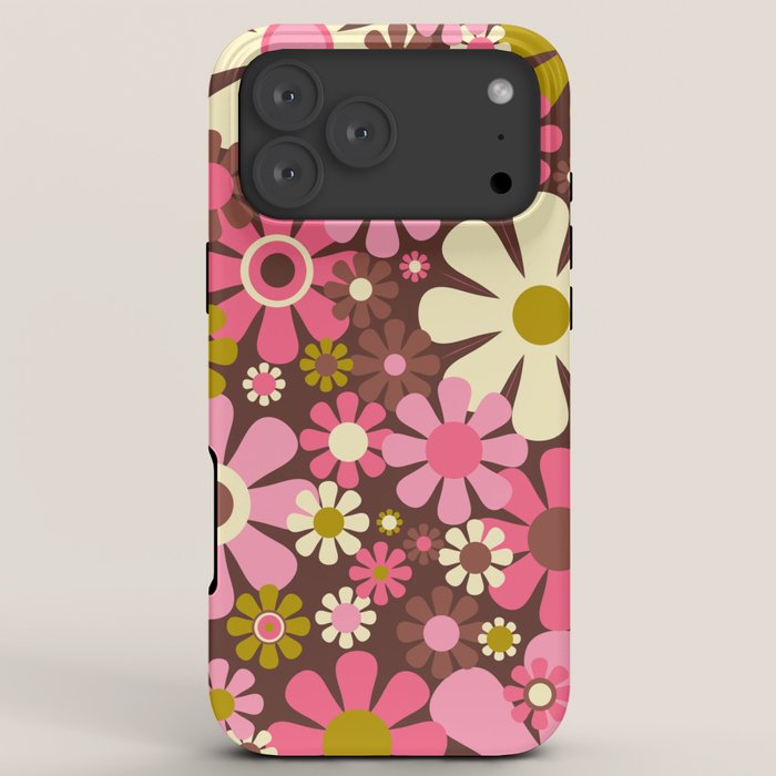 60s 70s Retro Floral Garden Cheerful Flower Pattern in Brown Pink Avocado iPhone Case