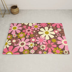 60s 70s Retro Floral Garden Cheerful Flower Pattern in Brown Pink Avocado Rug