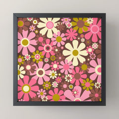60s 70s Retro Floral Garden Cheerful Flower Pattern in Brown Pink Avocado Mini Art Print