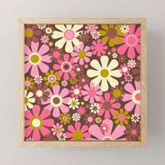 60s 70s Retro Floral Garden Cheerful Flower Pattern in Brown Pink Avocado Mini Art Print