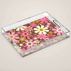 60s 70s Retro Floral Garden Cheerful Flower Pattern in Brown Pink Avocado Acrylic Tray