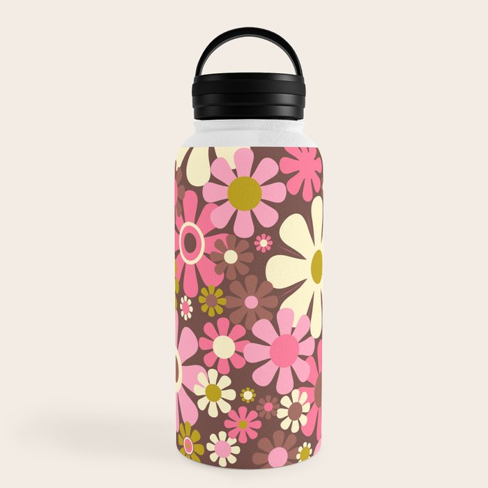 60s 70s Retro Floral Garden Cheerful Flower Pattern in Brown Pink Avocado Water Bottle