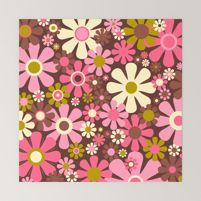 60s 70s Retro Floral Garden Cheerful Flower Pattern in Brown Pink Avocado Mini Art Print
