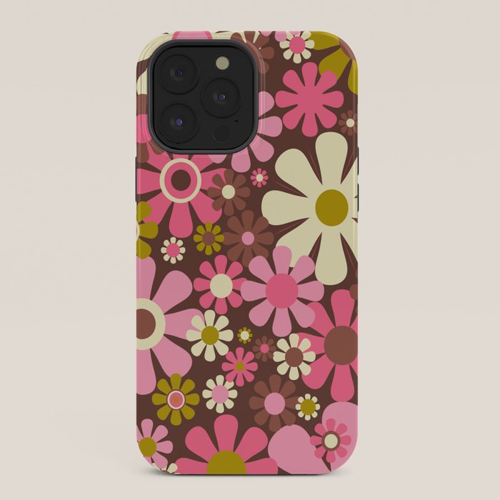 60s 70s Retro Floral Garden Cheerful Flower Pattern in Brown Pink Avocado iPhone Case