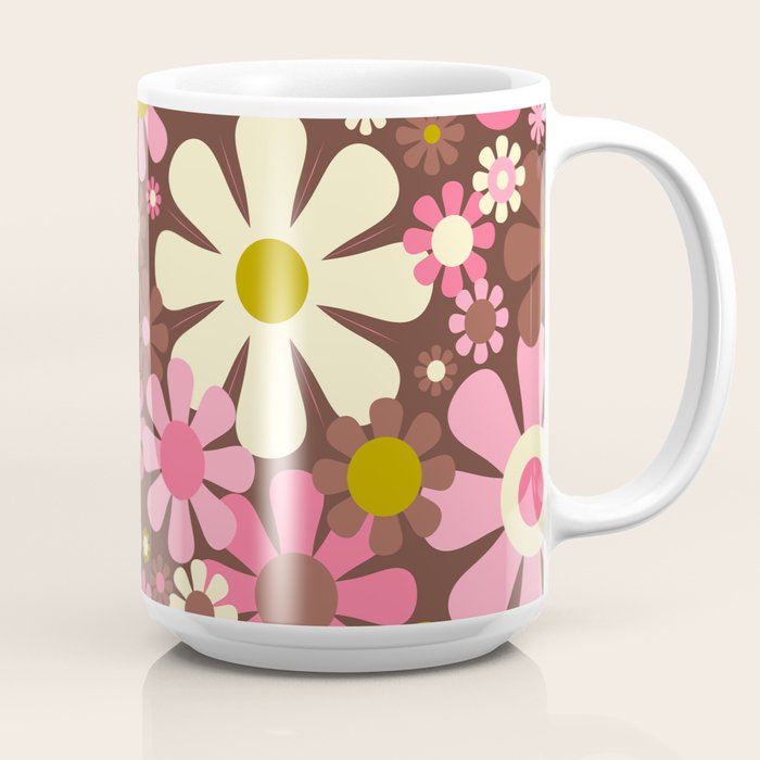 60s 70s Retro Floral Garden Cheerful Flower Pattern in Brown Pink Avocado Coffee Mug