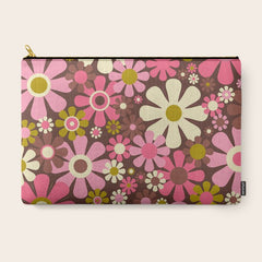 60s 70s Retro Floral Garden Cheerful Flower Pattern in Brown Pink Avocado Carry All Pouch