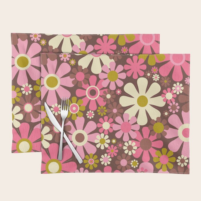 60s 70s Retro Floral Garden Cheerful Flower Pattern in Brown Pink Avocado Placemat