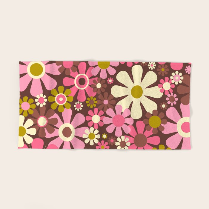 60s 70s Retro Floral Garden Cheerful Flower Pattern in Brown Pink Avocado Bath Towel