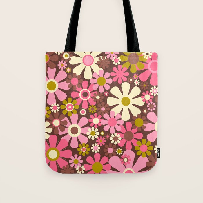 60s 70s Retro Floral Garden Cheerful Flower Pattern in Brown Pink Avocado Tote Bag