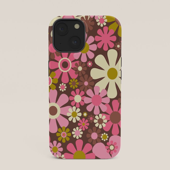 60s 70s Retro Floral Garden Cheerful Flower Pattern in Brown Pink Avocado iPhone Case