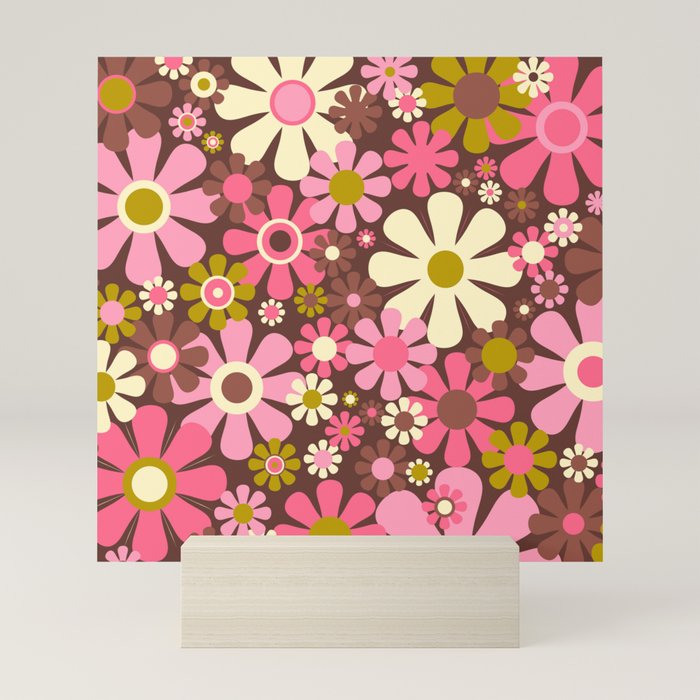 60s 70s Retro Floral Garden Cheerful Flower Pattern in Brown Pink Avocado Mini Art Print