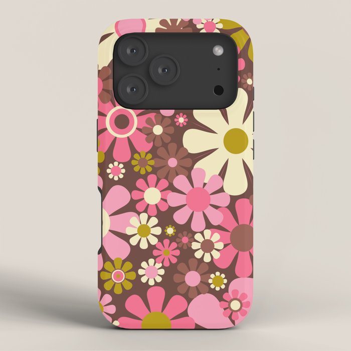 60s 70s Retro Floral Garden Cheerful Flower Pattern in Brown Pink Avocado iPhone Case