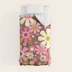 60s 70s Retro Floral Garden Cheerful Flower Pattern in Brown Pink Avocado Comforter