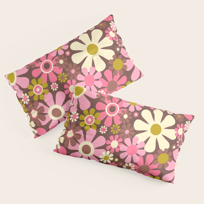60s 70s Retro Floral Garden Cheerful Flower Pattern in Brown Pink Avocado Pillow Sham