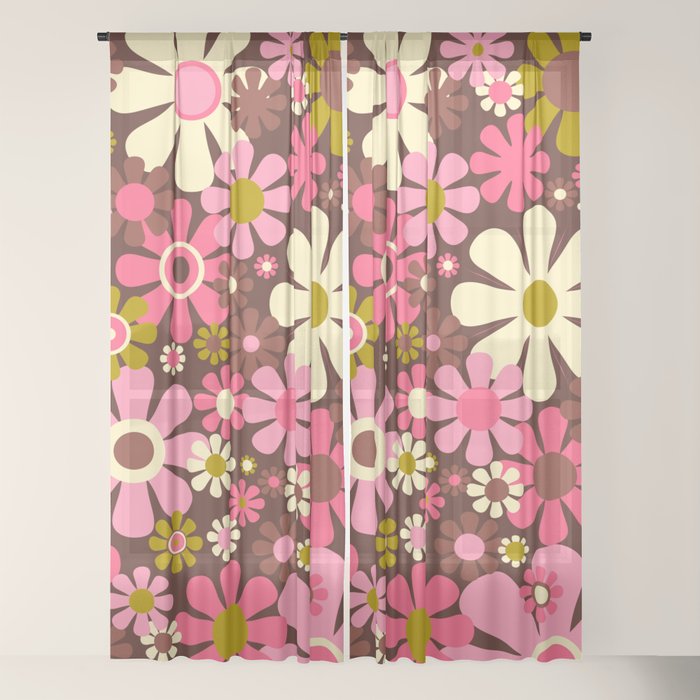 60s 70s Retro Floral Garden Cheerful Flower Pattern in Brown Pink Avocado Window Curtain