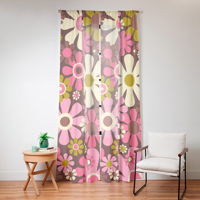 60s 70s Retro Floral Garden Cheerful Flower Pattern in Brown Pink Avocado Window Curtain