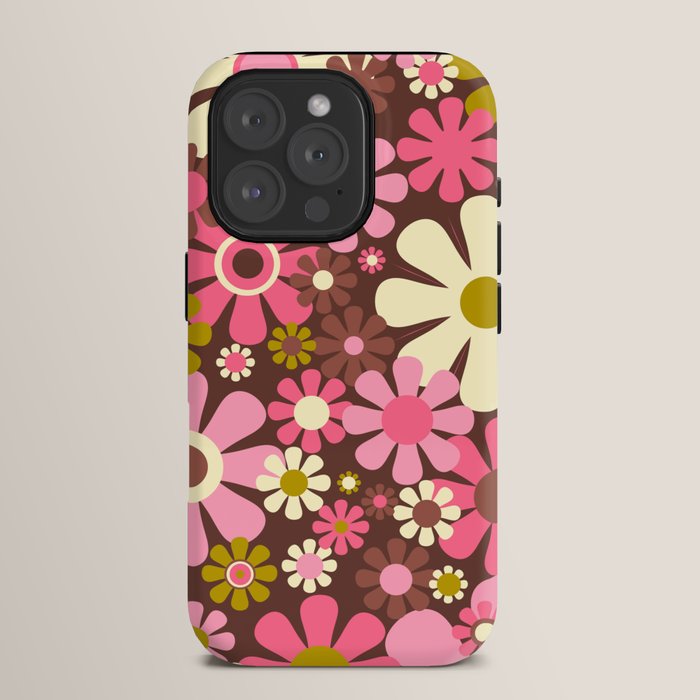 60s 70s Retro Floral Garden Cheerful Flower Pattern in Brown Pink Avocado iPhone Case