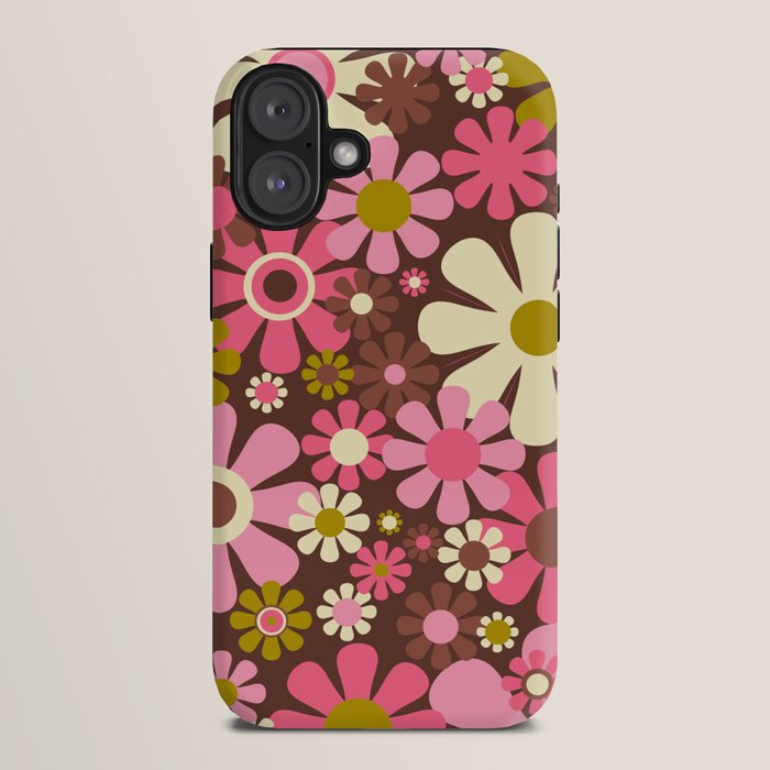 60s 70s Retro Floral Garden Cheerful Flower Pattern in Brown Pink Avocado iPhone Case