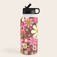 60s 70s Retro Floral Garden Cheerful Flower Pattern in Brown Pink Avocado Water Bottle