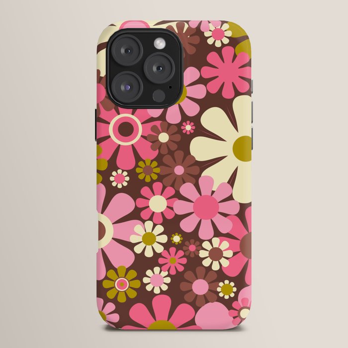 60s 70s Retro Floral Garden Cheerful Flower Pattern in Brown Pink Avocado iPhone Case