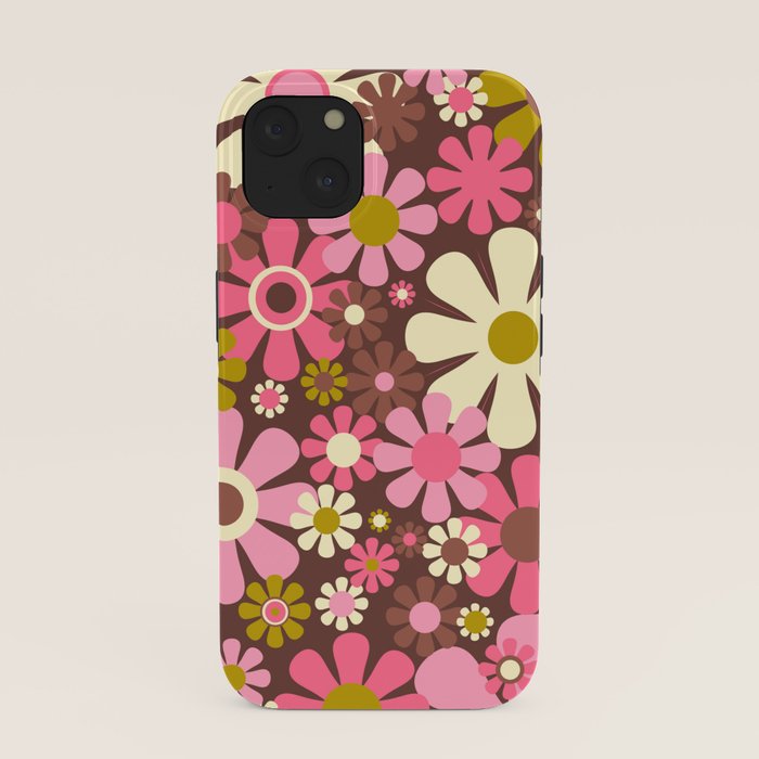 60s 70s Retro Floral Garden Cheerful Flower Pattern in Brown Pink Avocado iPhone Case