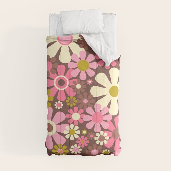 60s 70s Retro Floral Garden Cheerful Flower Pattern in Brown Pink Avocado Comforter