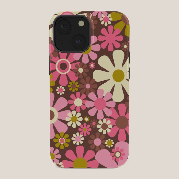60s 70s Retro Floral Garden Cheerful Flower Pattern in Brown Pink Avocado iPhone Case