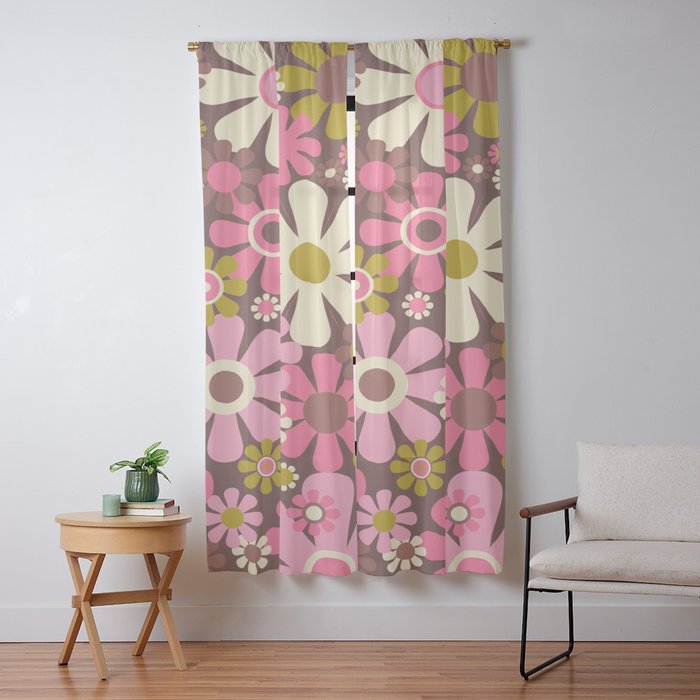60s 70s Retro Floral Garden Cheerful Flower Pattern in Brown Pink Avocado Window Curtain