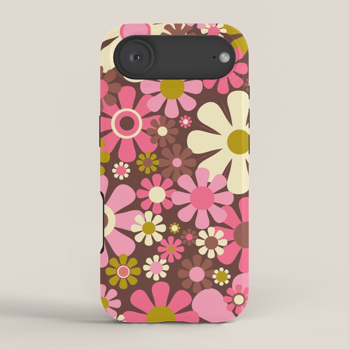 60s 70s Retro Floral Garden Cheerful Flower Pattern in Brown Pink Avocado iPhone Case