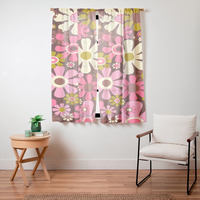 60s 70s Retro Floral Garden Cheerful Flower Pattern in Brown Pink Avocado Window Curtain