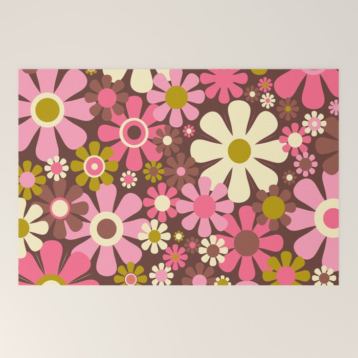 60s 70s Retro Floral Garden Cheerful Flower Pattern in Brown Pink Avocado Welcome Mat